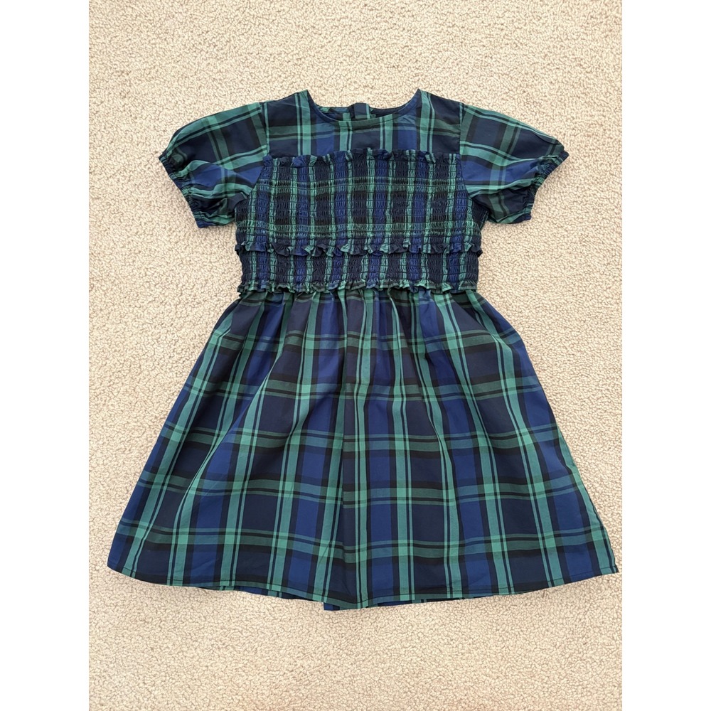 Crewcuts by J Crew Kids Dress Size 4 Blue Green Plaid Smocked Puff Sleeve Cotton